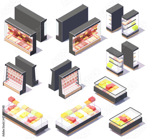 Obraz na płótnie Vector isometric supermarket or meat department store showcase display fridges, refrigerator and shelves for meat, sausages, salami, dairy, convenience food and other products w salonie