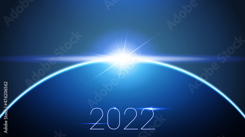 Realistic hi tech 2022 sign with flares. 2022 futuristic vector. New Year 2022 shining solar flare design with space background. Perfect for template event celebration, banner, decoration, invitation.