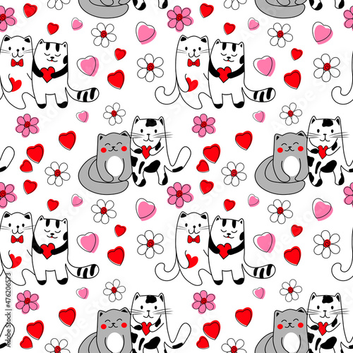 Background with funny cats, flowers, hearts. Romantic cartoon wallpaper. Seamless pattern can be used for wallpapers, pattern fills, backgrounds, surface textures.