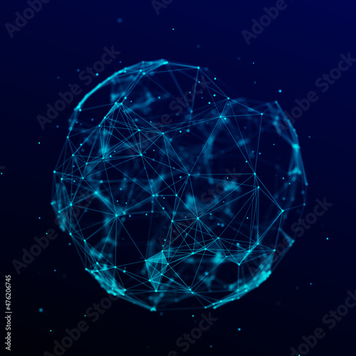 Sphere made up of points and lines. Network connection structure. Big data visualization. 3D rendering. © Vitalii