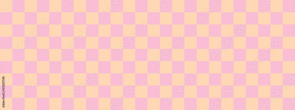 Checkerboard banner. Pink and Apricot colors of checkerboard. Small squares, small cells. Chessboard, checkerboard texture. Squares pattern. Background.