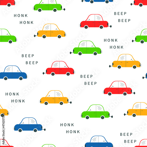 Cartoon toy cars seamless pattern. Cute children's background with toy transport. Vector background for baby with colorful car.