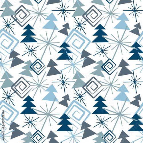 Seamless background with Christmas trees, snowflakes and curls. Winter repeating patterns can be used for wallpaper, pattern fills, backgrounds, surface textures.