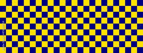 Checkerboard banner. Navy and Yellow colors of checkerboard. Small squares, small cells. Chessboard, checkerboard texture. Squares pattern. Background.