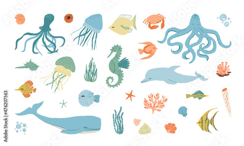 Underwater creatures, sea, ocean inhabitants set. Dolphin, whale, octopus, seahorse, fishes, jelly fishes, crab, shells.