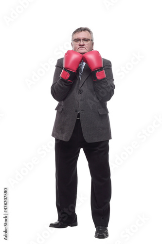in full growth. business man in red Boxing gloves.