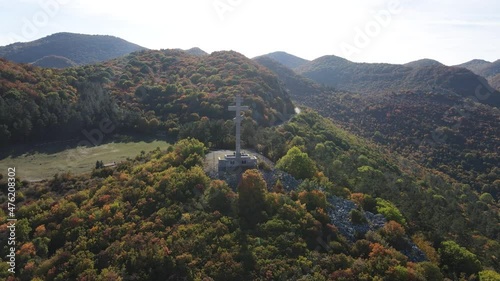 Aerial view of Cross at Okolchica peak built as obeisance to Bulgarian revolutionary and national hero Hristo Botev, Bulgaria photo