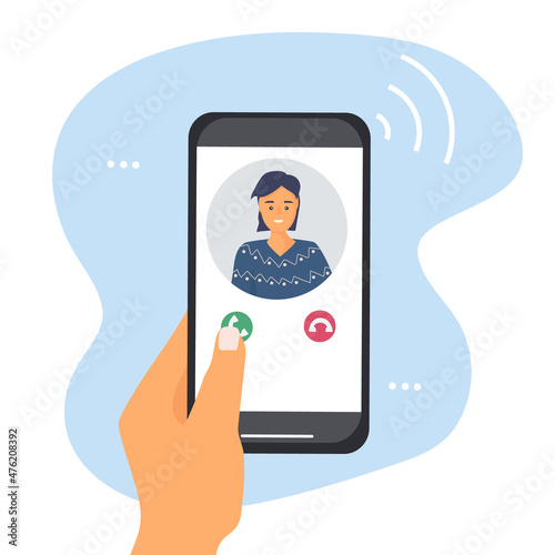 A hand holds a smartphone with an incoming call. Portrait of a person from contacts on the phone screen. Mobile applications and Internet technology. Vector flat illustration