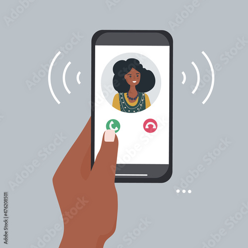 A hand holds a smartphone with an incoming call. Portrait of a person from contacts on the phone screen. Mobile applications and Internet technology. Vector flat illustration