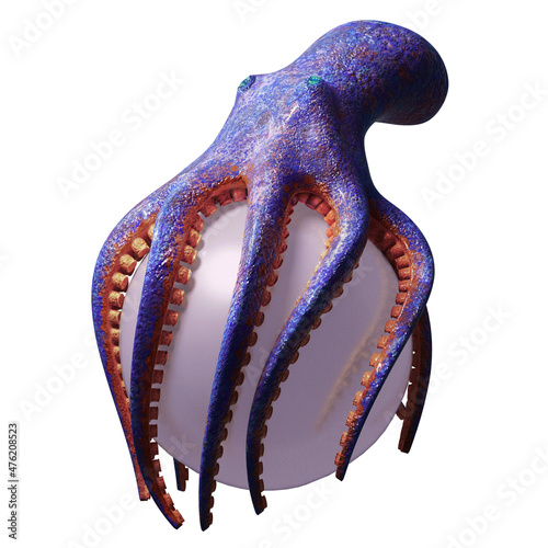 Obraz na plátně Blue Octopus holds a pearl on white background 3d illustration