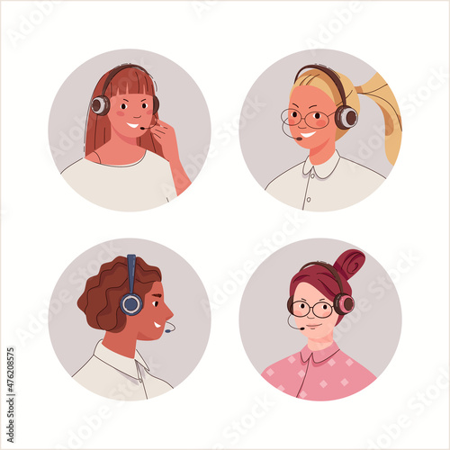 Customer service representative, hotline operators advise client. Call processing system. Vector flat cartoon illustration with set of avatars of people in headphones with microphone.