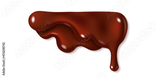 Melted dark or milk chocolate drip isolated on white background. Realistic vector 3d illustration of brown cream sauce or syrup drop. Dripping liquid cocoa. Horizontal border left corner element