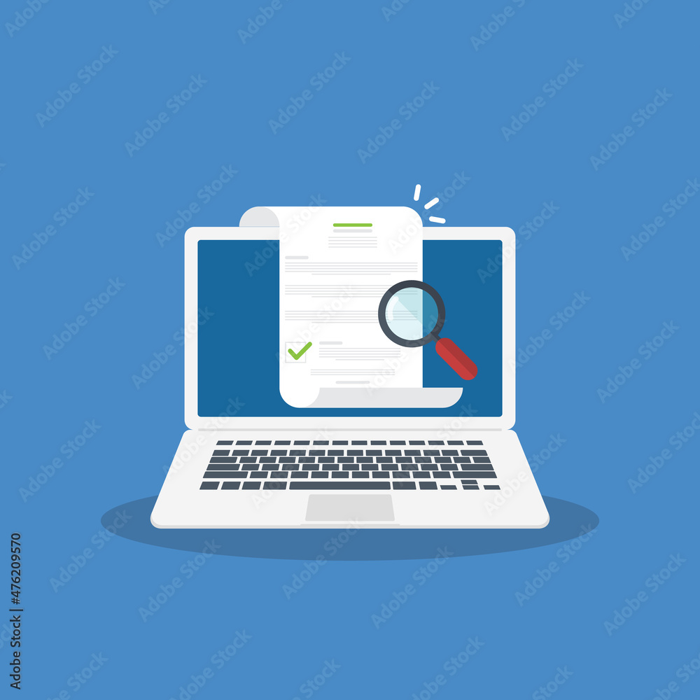 Online digital document inspection or assessment evaluation on laptop computer, contract review, analysis, inspection of agreement contract, compliance verification. Vector illustration Online digital document inspection or assessment evaluation on laptop computer, contract review, analysis, inspection of agreement contract, compliance verification. Vector illustration