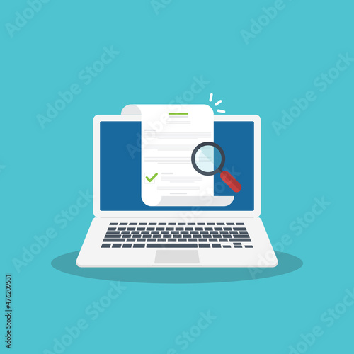 Online digital document inspection or assessment evaluation on laptop computer, contract review, analysis, inspection of agreement contract, compliance verification. Vector illustration	