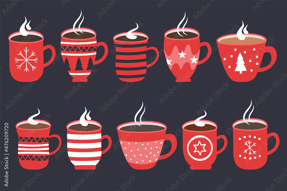 Red cups with a hot drink. Vector set isolated on black background. Red cups with a hot drink. Vector set isolated on black background.