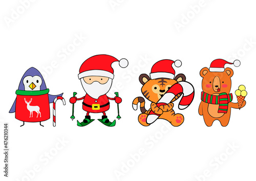 Christmas set of animals tiger, bear, penguin with Santa Claus isolated on white background. Vector illustration in a flat style for decoration for Christmas and New Year.