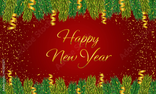 HAPPY NEW YEAR ON RED BACKGROUND W  TH SPRUCE BRANCHES