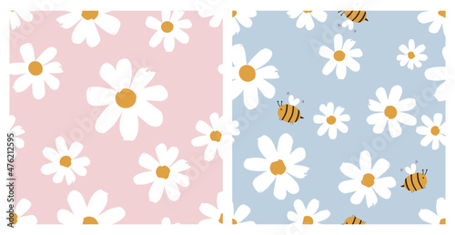 Seamless patterns with daisy flower and bee cartoons on pink and blue backgrounds vector.