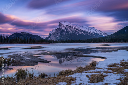 Vermillion Lake and Mount Rundle long exposure sunset in spring. Banf, Canada