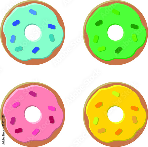 Set of isolated donuts covered with glaze and topping