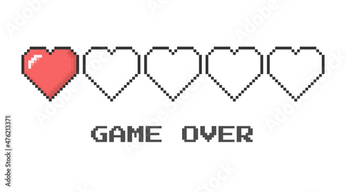 Game over. Heart icon 8 bit pixel style. Vector set of interface life health bar in old video game