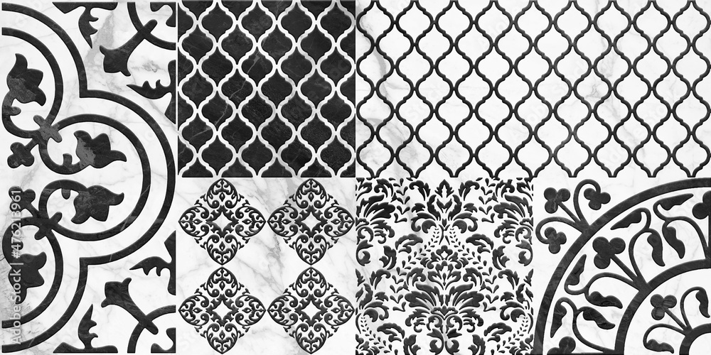 Digital black and white wall tile design for washroom and kitchen