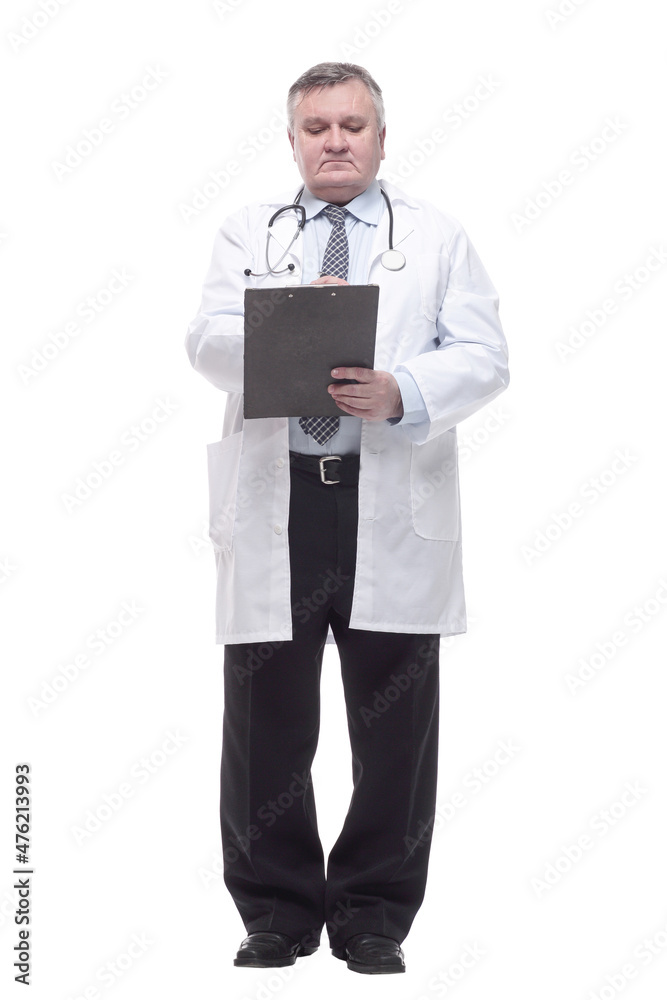 competent doctor with clipboard. isolated on a white background.