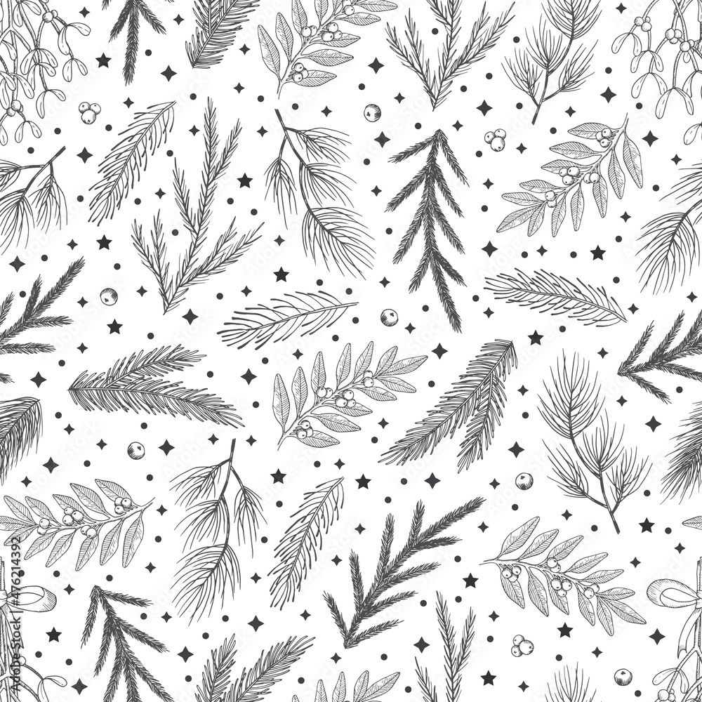 Winter seamless pattern with Christmas tree branches and berries. Vector illustration background