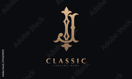 Alphabet IJ or JI illustration monogram vector logo template in classic luxury style and black background
