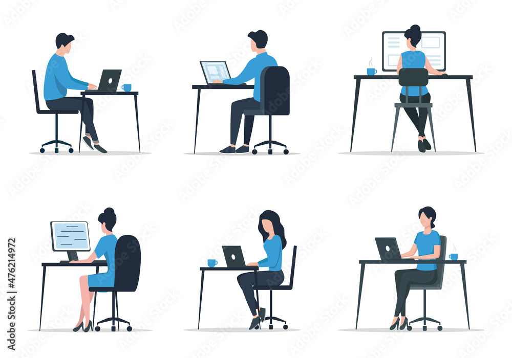 Office work set. Colored vector flat illustration. Isolated on white background. 