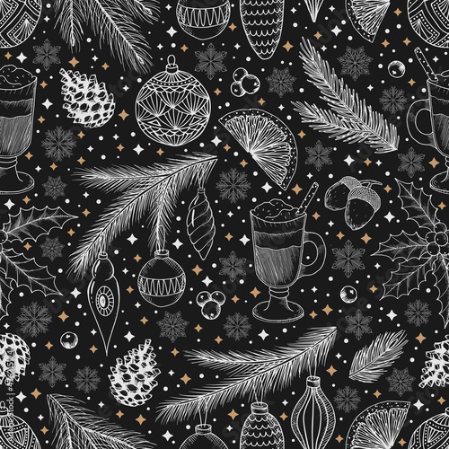 Winter seamless pattern with Christmas tree branches and berries. Vector illustration background