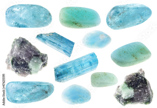 set of various aquamarine (blue beryl) stones photo