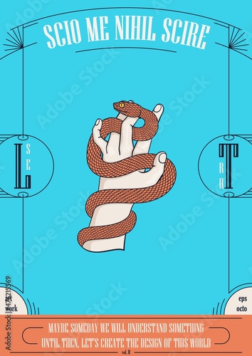 Snake on the hand. Mystical retro card. Symbol of deception and danger. Ready design elements for print, tattoo, t-shirt, web or other concepts. Vector template