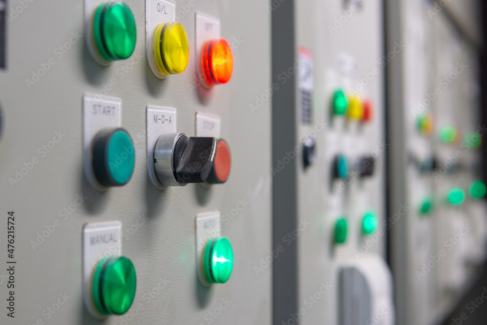 View of Electrical main distribution unit with selecter switch, push switch and pilot lamps. View of Electrical main distribution unit with selecter switch, push switch and pilot lamps.