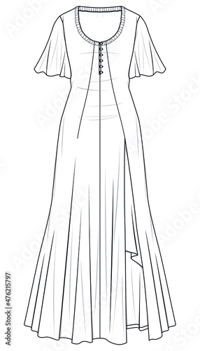 peasant dress with maxi length women fit and flare peasant, poet long dress vector illustration isolated on white background. CAD mockup
