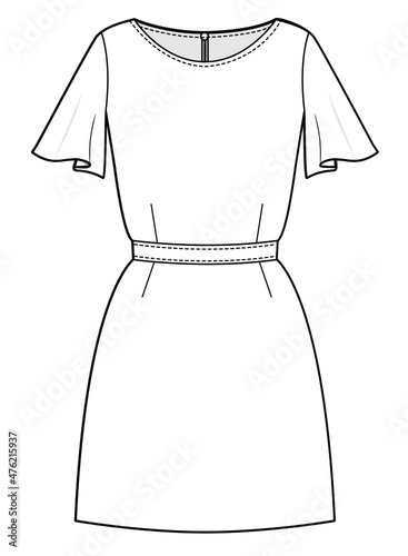 Juniors skater dress short sleeve boat neck skater dress technical drawing vector template