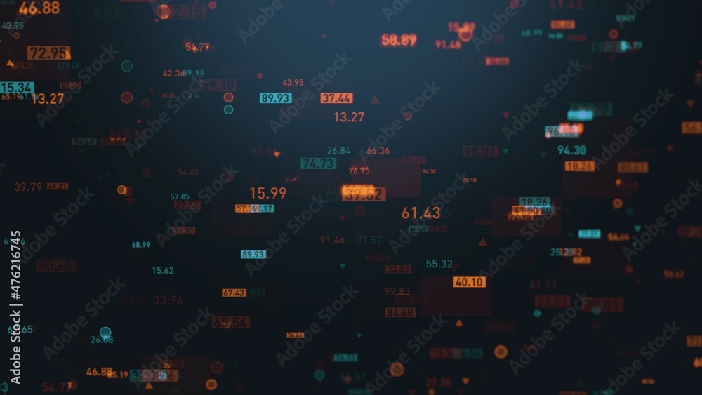 3d render abstract background with graph made of particles. Finance graph with details and numbers. Complex repeatable graphs