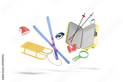 Winter Vacation Concept. Suitcase with Different Accessories for Winter on white background