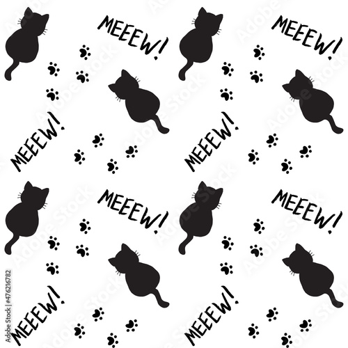 Cute seamless pattern with cats, steps and mew quote. Blue colors. Doodle cartoon style. Modern abstract design for packaging, paper, cover, fabric, cards, textile. Vector illustration