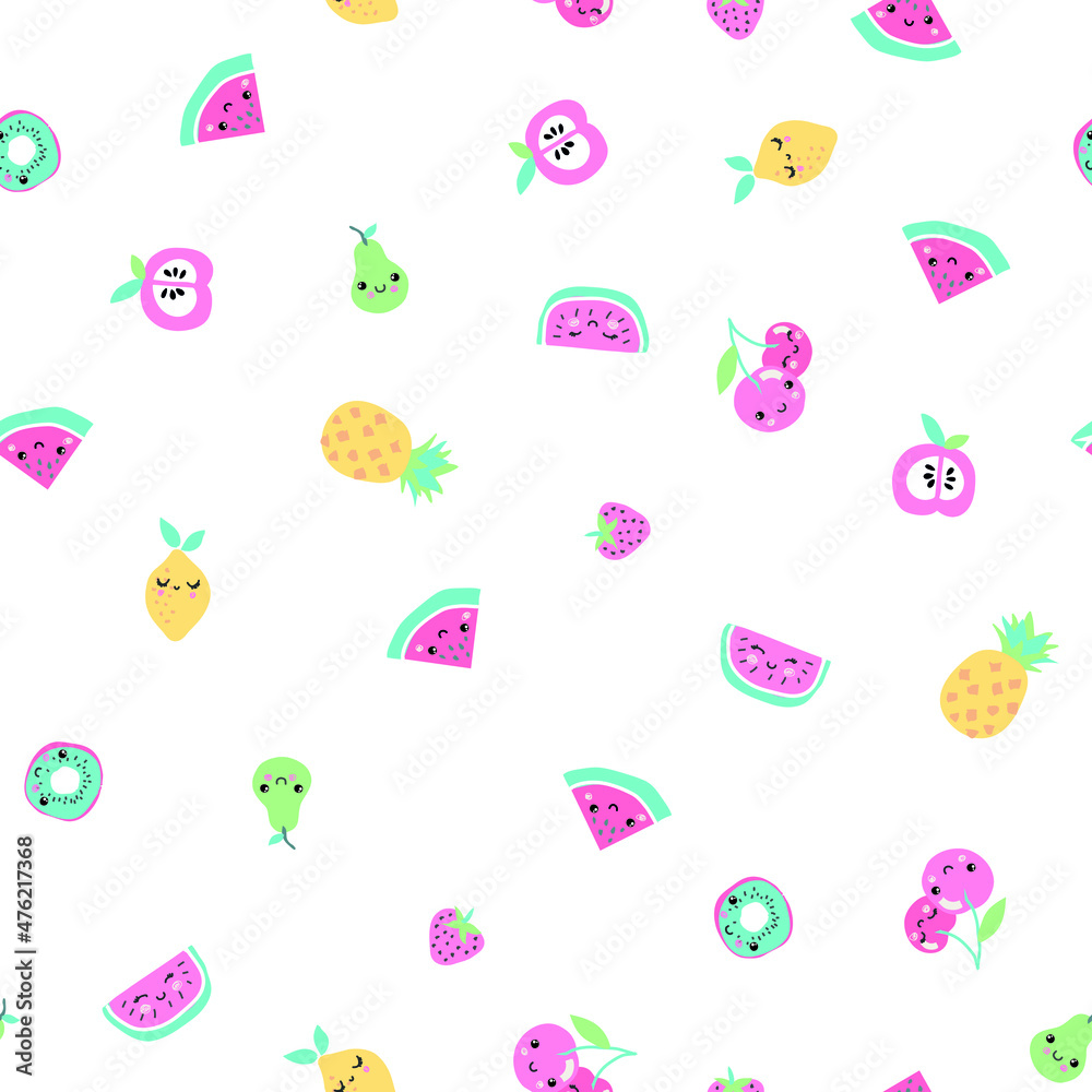 fruits seamless pattern vector illustration for kids. watermelon, pineapple, apple, pear, lemon, cherry, strawberry, summer time. Can be used for fashion print design, kids wear, decoration. fruits seamless pattern vector illustration for kids. watermelon, pineapple, apple, pear, lemon, cherry, strawberry, summer time. Can be used for fashion print design, kids wear, decoration.