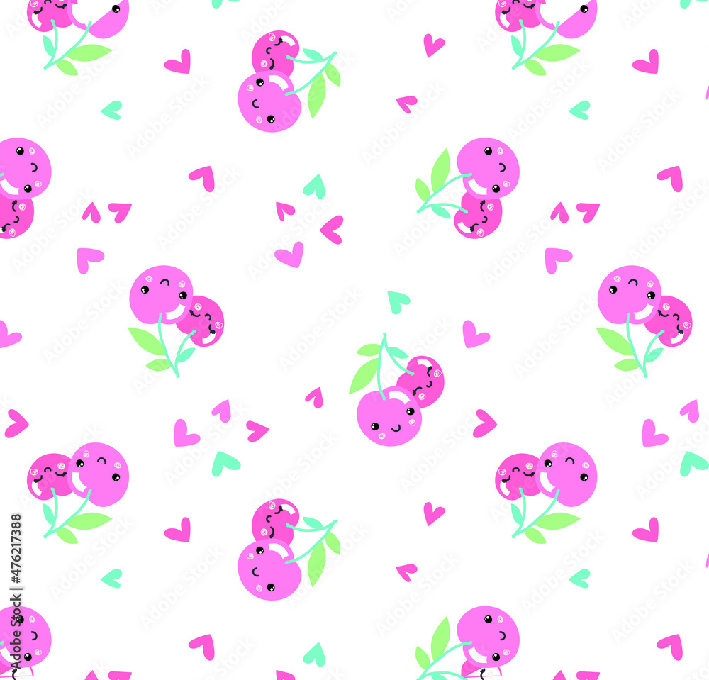 Cute cherries and hearts seamless pattern vector illustration for kids. Cherry and hearts print pattern design with ecru background. Can be used for fashion print design, kids wear, girls clothes. Cute cherries and hearts seamless pattern vector illustration for kids. Cherry and hearts print pattern design with ecru background. Can be used for fashion print design, kids wear, girls clothes.