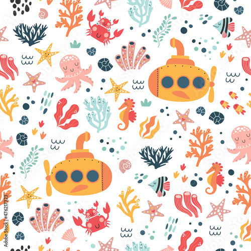Sea life cute vector pattern. Vector illustration for kids design, wallpaper, wrapping, textile, package design.