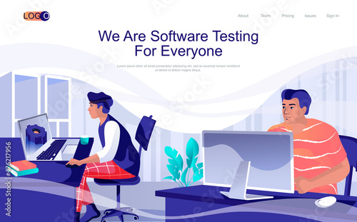 Software testing concept isometric landing page. People programming and coding, catching bugs in apps, optimization and settings, 3d web banner. Vector illustration in flat design for website template