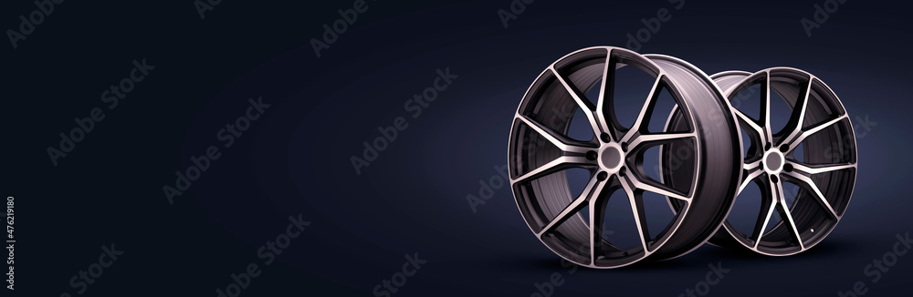 Obraz premium forged new alloy wheels on a blue black background. cool sports wheels wheels with thin spokes auto tuning light weight, tire shop or motorsport design panoramic photo copy space