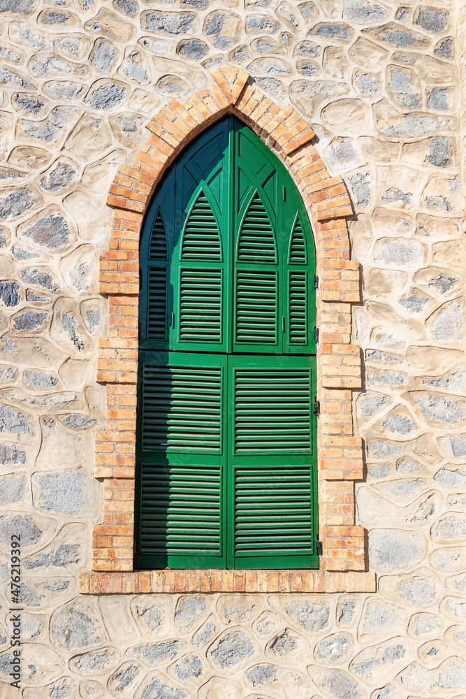 Obraz premium Detail of window of Anglican Church of Bella Vista used by the staff of the Rio Tinto Company Limited, in Minas de Riotinto, Huelva, Andalusia, Spain