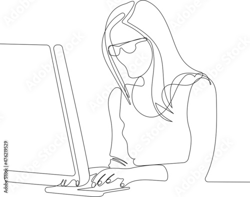 One single line drawing of attractive female woman sitting in office or home workplace Vector illustration