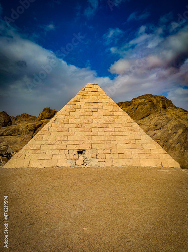 Pyramids in Egypt, ancient buildings and monuments. Statues in mini Cairo.