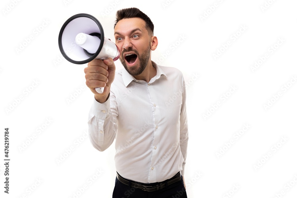 middle-aged man in a white shirt shouts into a megaphone, Concept news, promotions, special offers