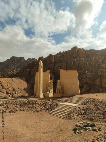 Pyramids in Egypt, ancient buildings and monuments. Statues in mini Cairo.