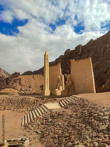 Pyramids in Egypt, ancient buildings and monuments. Statues in mini Cairo.